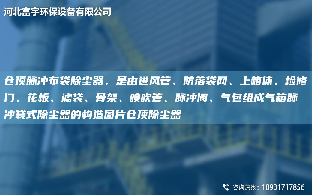 倉頂脈沖布袋除塵器，是由進(jìn)風(fēng)管、防落袋網(wǎng)、上箱體、檢修門、花板、濾袋、骨架、噴吹管、脈沖閥、氣包組成氣箱脈沖袋式除塵器的構(gòu)造圖片倉頂除塵器